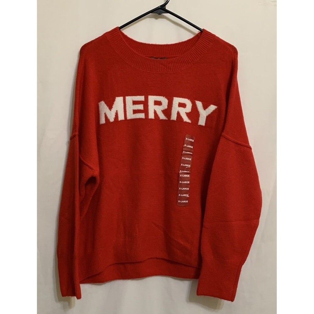 Vince Camuto Crewneck Merry Holiday Red Sweater Womens Size XL NWT